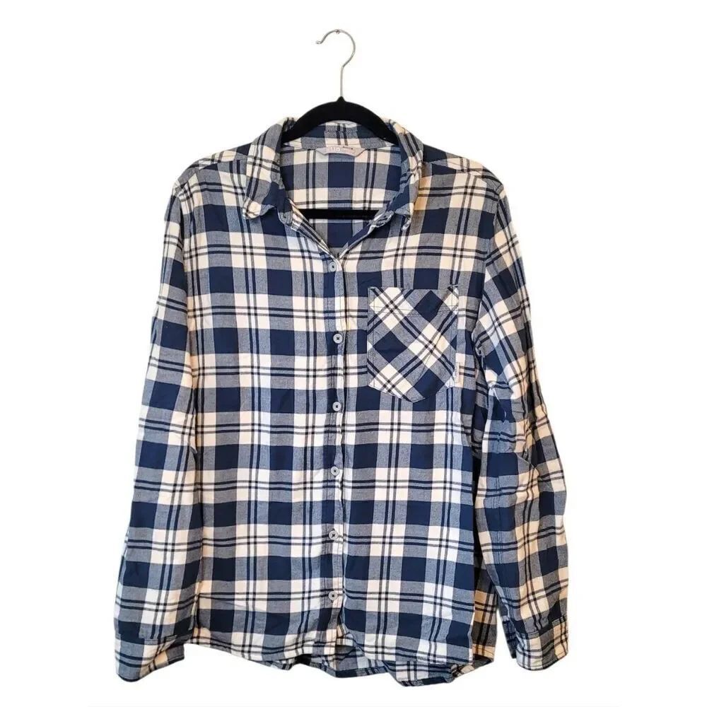 Stio Women's Navy & White Plaid Flannel Button-Up Shirt Size L